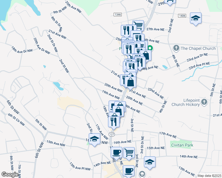 map of restaurants, bars, coffee shops, grocery stores, and more near 61 20th Avenue Northwest in Hickory