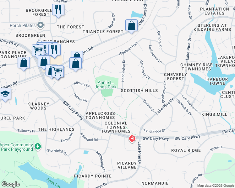 map of restaurants, bars, coffee shops, grocery stores, and more near 106 Coatbridge Circle in Cary