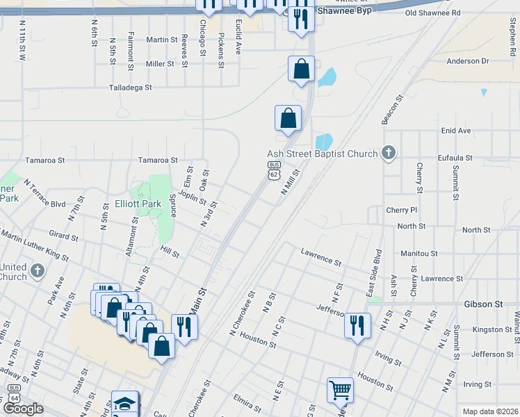 map of restaurants, bars, coffee shops, grocery stores, and more near 57 Kinsley Street in Muskogee