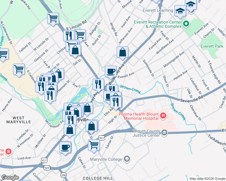 map of restaurants, bars, coffee shops, grocery stores, and more near 713 Neff Street in Maryville
