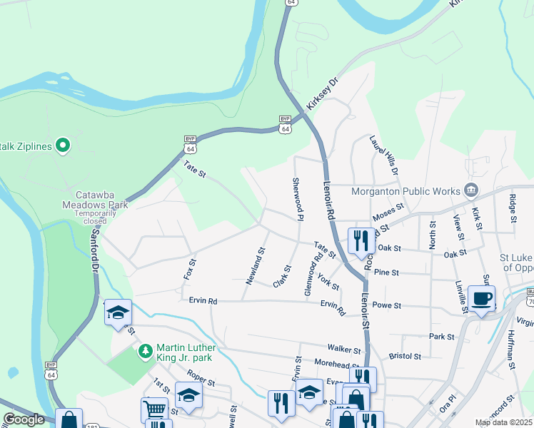 map of restaurants, bars, coffee shops, grocery stores, and more near 100 Furnifold Street in Morganton