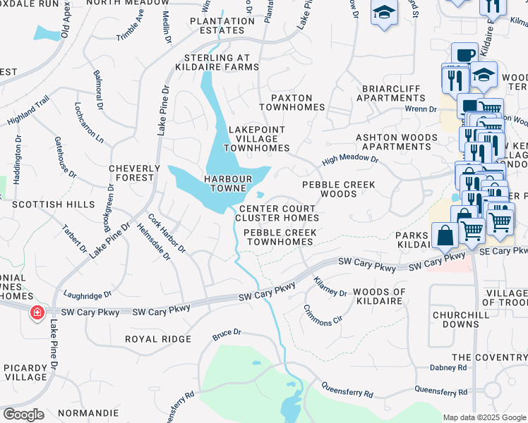 map of restaurants, bars, coffee shops, grocery stores, and more near 102 Center Court in Cary