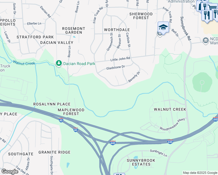 map of restaurants, bars, coffee shops, grocery stores, and more near 1240 Beverly Drive in Raleigh
