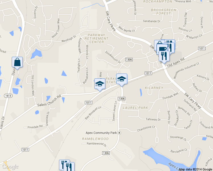 map of restaurants, bars, coffee shops, grocery stores, and more near 2201 Candun Drive in Apex