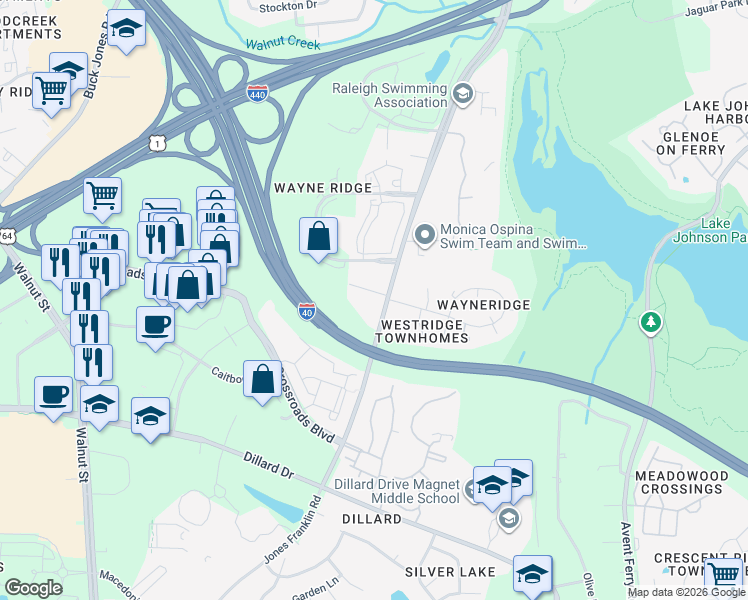 map of restaurants, bars, coffee shops, grocery stores, and more near 1522 Jones Franklin Road in Raleigh