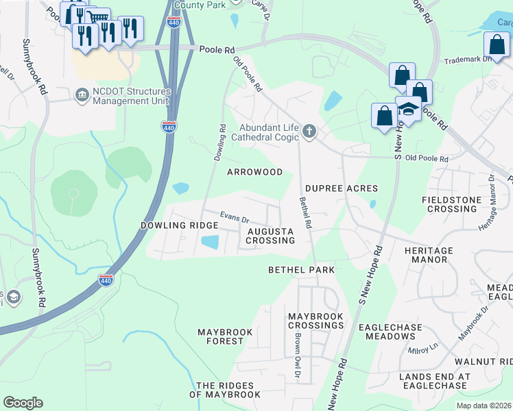 map of restaurants, bars, coffee shops, grocery stores, and more near 4037 Green Jacket Trail in Raleigh