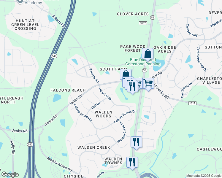 map of restaurants, bars, coffee shops, grocery stores, and more near 2310 Nutting Lane in Apex