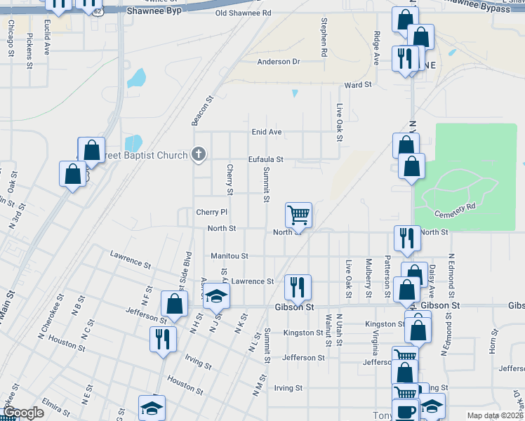 map of restaurants, bars, coffee shops, grocery stores, and more near 1410 Summit Street in Muskogee