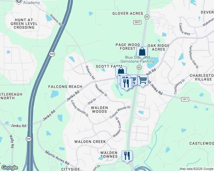 map of restaurants, bars, coffee shops, grocery stores, and more near 2310 Nutting Lane in Apex