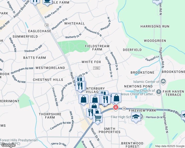 map of restaurants, bars, coffee shops, grocery stores, and more near 2660 Joel Lane North in Wilson