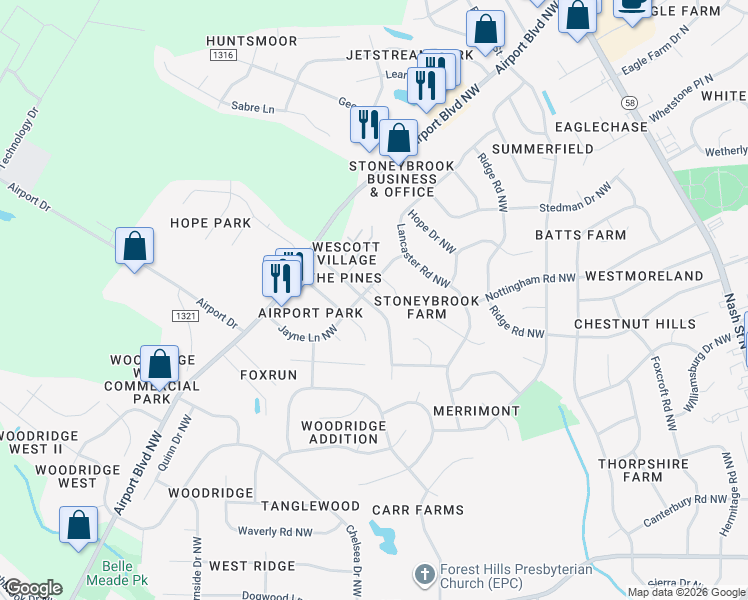 map of restaurants, bars, coffee shops, grocery stores, and more near 3407 Jayne Lane Northwest in Wilson