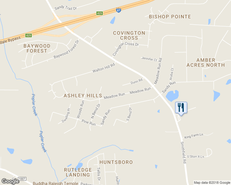 map of restaurants, bars, coffee shops, grocery stores, and more near 118 Meadow Run in Knightdale