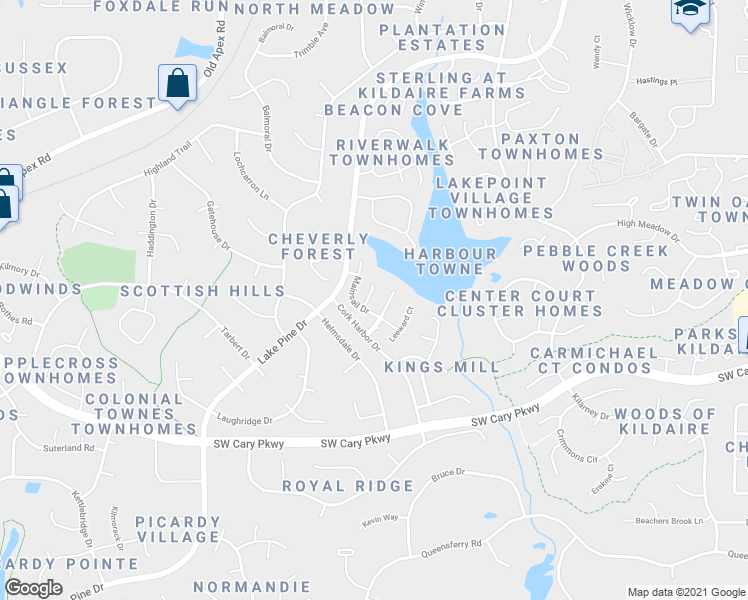 map of restaurants, bars, coffee shops, grocery stores, and more near 104 Topsail Court in Cary