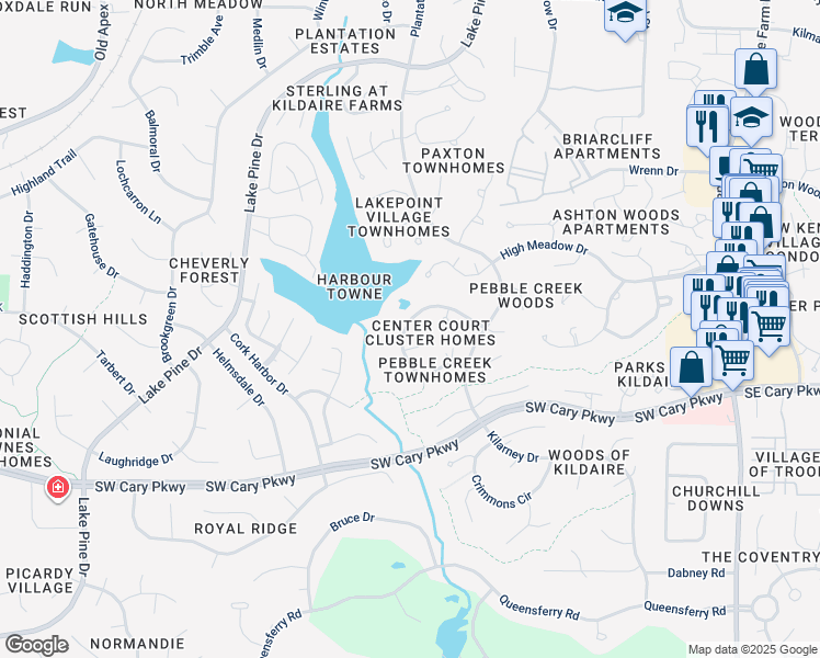 map of restaurants, bars, coffee shops, grocery stores, and more near 102 Center Court in Cary