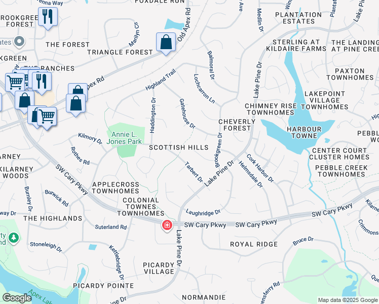 map of restaurants, bars, coffee shops, grocery stores, and more near 1202 Linton Court in Cary
