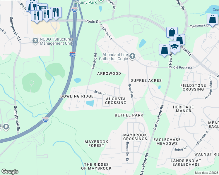 map of restaurants, bars, coffee shops, grocery stores, and more near 4037 Green Jacket Trail in Raleigh