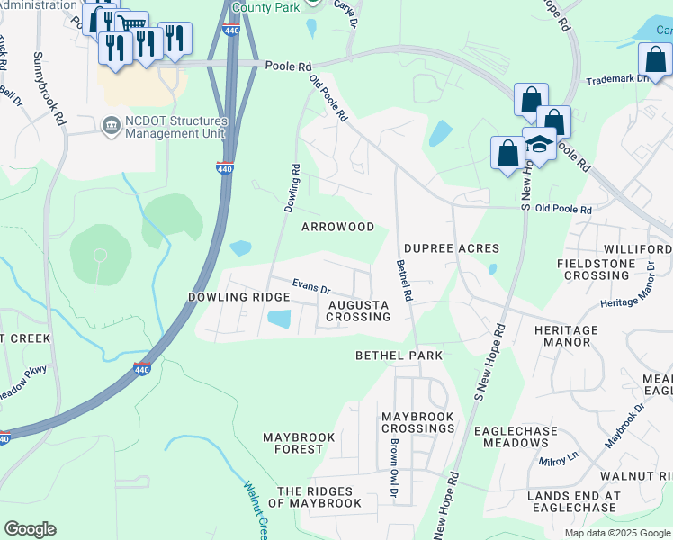map of restaurants, bars, coffee shops, grocery stores, and more near 4022 Green Jacket Trail in Raleigh
