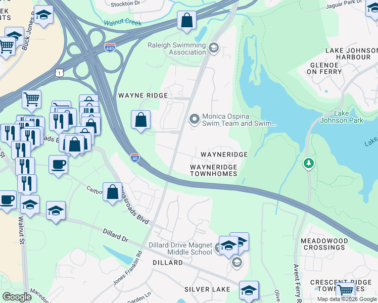 map of restaurants, bars, coffee shops, grocery stores, and more near 5416 Wayne Street in Raleigh