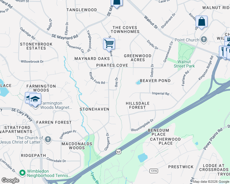 map of restaurants, bars, coffee shops, grocery stores, and more near 101 Barbary Court in Cary