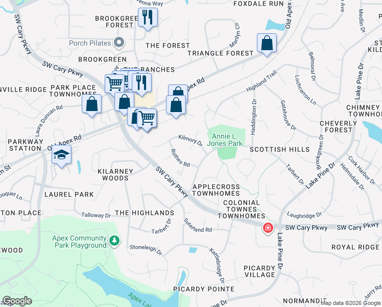 map of restaurants, bars, coffee shops, grocery stores, and more near 1211 Whitborn Court in Cary