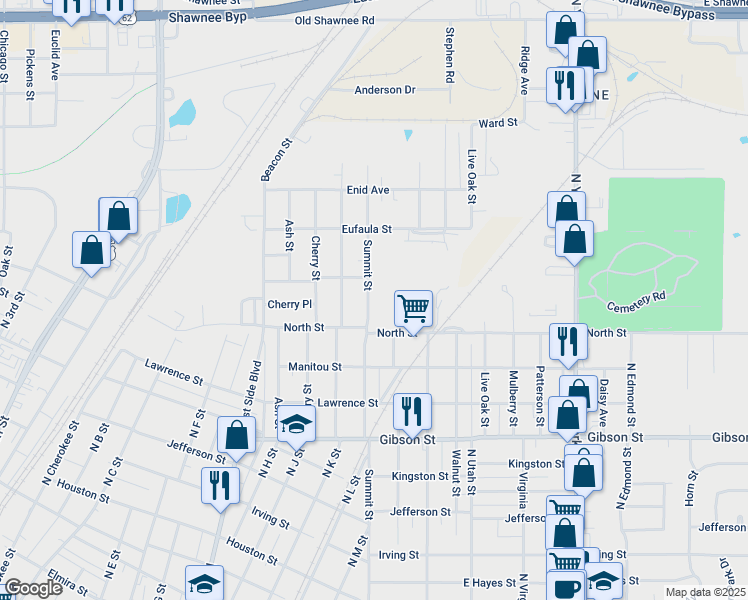 map of restaurants, bars, coffee shops, grocery stores, and more near 1410 Summit Street in Muskogee