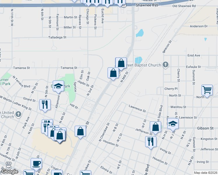 map of restaurants, bars, coffee shops, grocery stores, and more near 1009 North Main Street in Muskogee