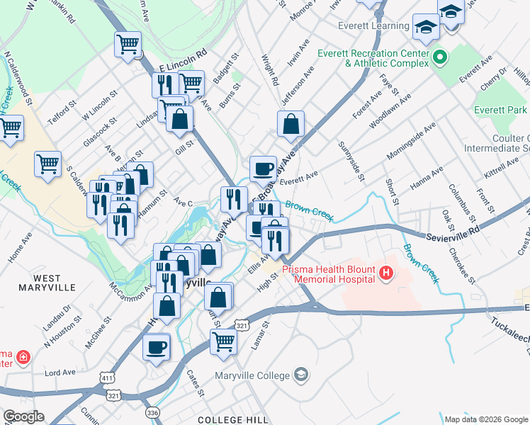 map of restaurants, bars, coffee shops, grocery stores, and more near 719 Neff Street in Maryville