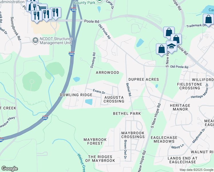 map of restaurants, bars, coffee shops, grocery stores, and more near 4022 Green Jacket Trail in Raleigh