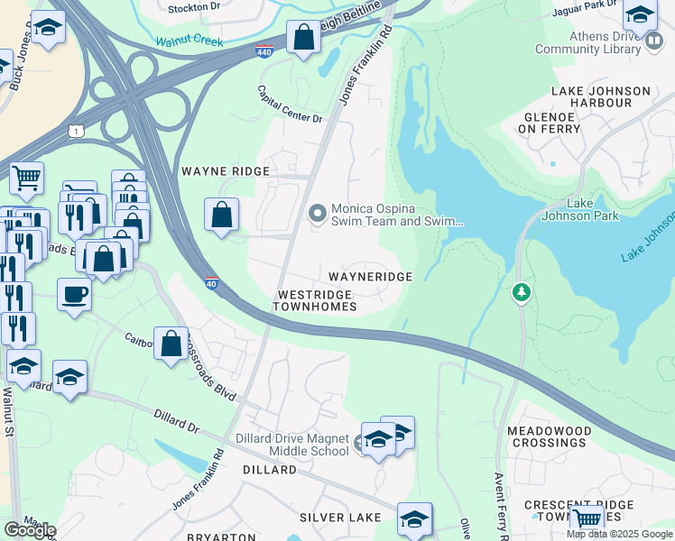 map of restaurants, bars, coffee shops, grocery stores, and more near 5309 Wayne Street in Raleigh