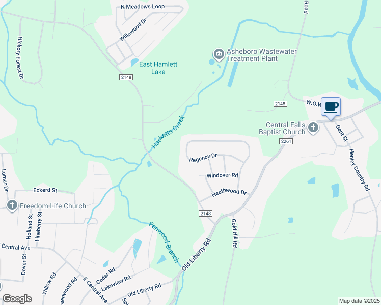 map of restaurants, bars, coffee shops, grocery stores, and more near 2341 Regency Drive in Randleman