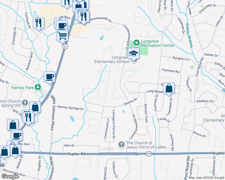 map of restaurants, bars, coffee shops, grocery stores, and more near 3031 Farmville Circle in Spring Hill
