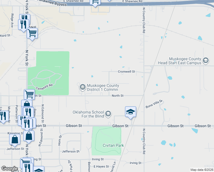 map of restaurants, bars, coffee shops, grocery stores, and more near 1407 Maxey Drive in Muskogee