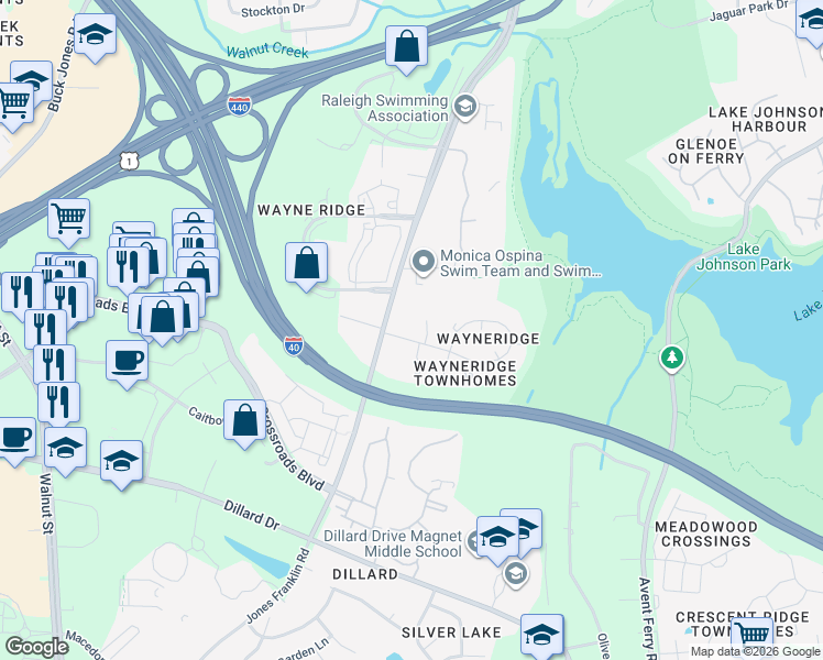 map of restaurants, bars, coffee shops, grocery stores, and more near 5416 Wayne Street in Raleigh