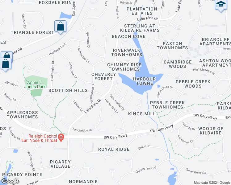 map of restaurants, bars, coffee shops, grocery stores, and more near 209 Mainsail Drive in Cary