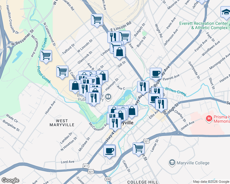 map of restaurants, bars, coffee shops, grocery stores, and more near 453 Greenbelt Drive in Maryville