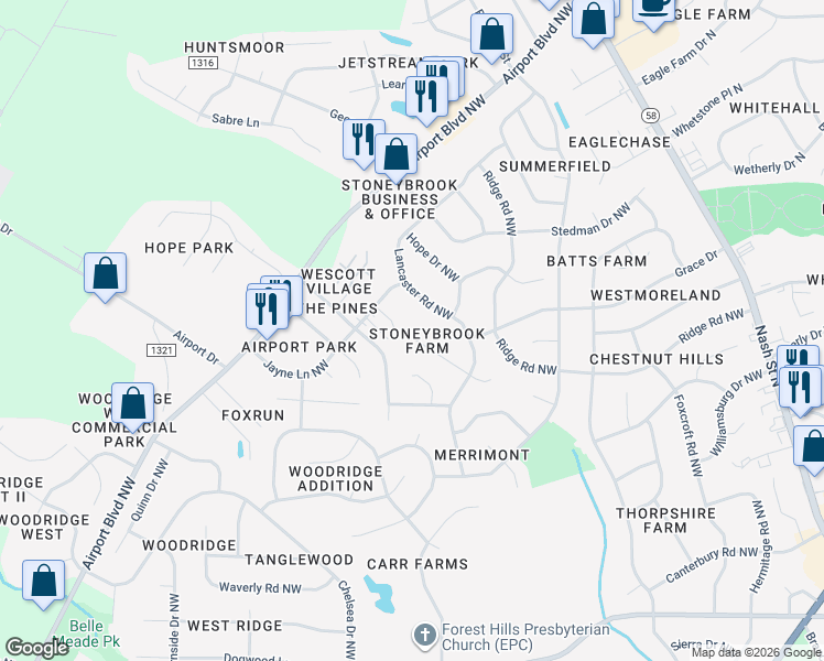 map of restaurants, bars, coffee shops, grocery stores, and more near 3317 Brook Ln NW in Wilson