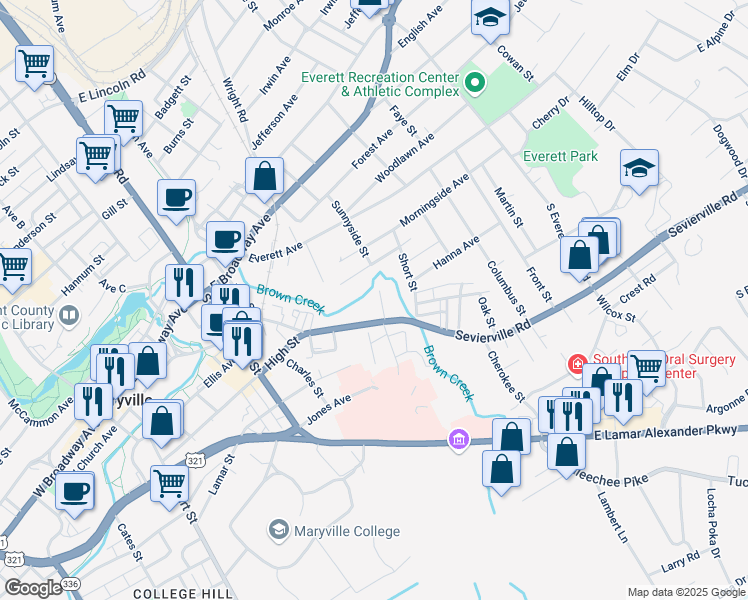 map of restaurants, bars, coffee shops, grocery stores, and more near 815 Holly Street in Maryville