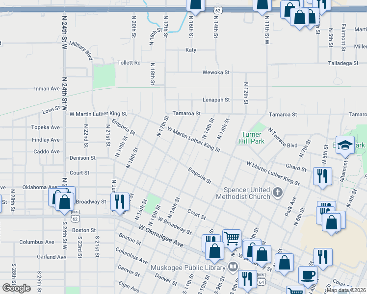 map of restaurants, bars, coffee shops, grocery stores, and more near 557 North 15th Street in Muskogee