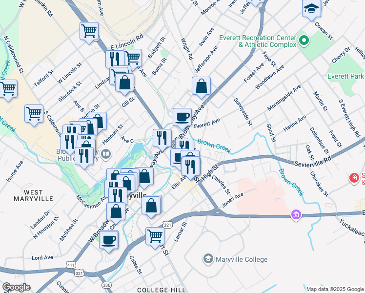 map of restaurants, bars, coffee shops, grocery stores, and more near 711 Neff Street in Maryville