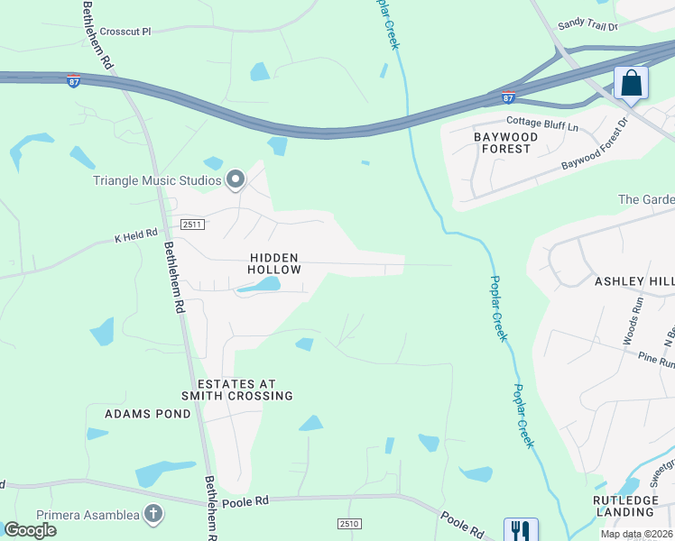 map of restaurants, bars, coffee shops, grocery stores, and more near 4632 Hidden Hollow Lane in Knightdale