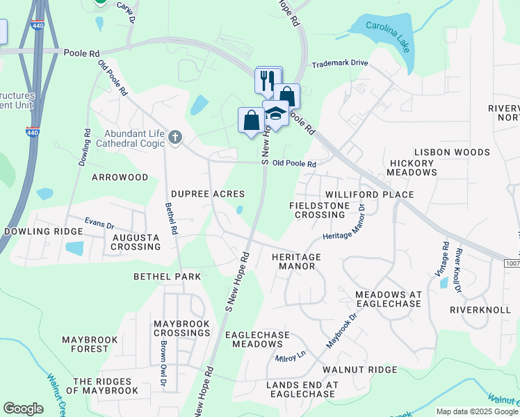 map of restaurants, bars, coffee shops, grocery stores, and more near South New Hope Road in Raleigh