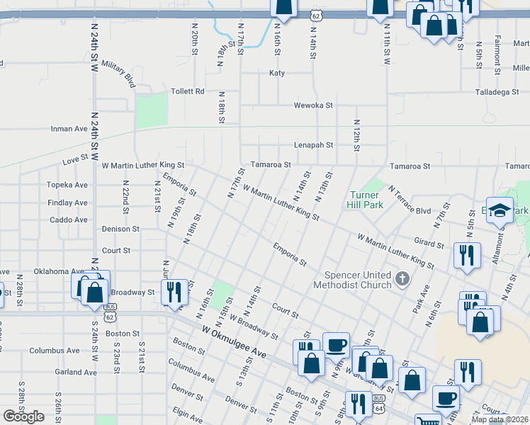 map of restaurants, bars, coffee shops, grocery stores, and more near 557 North 15th Street in Muskogee