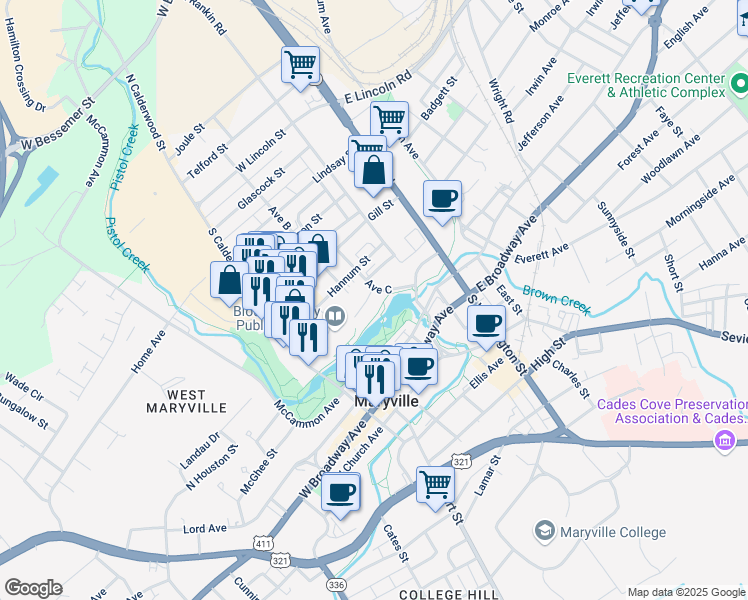 map of restaurants, bars, coffee shops, grocery stores, and more near 414 Greenbelt Drive in Maryville
