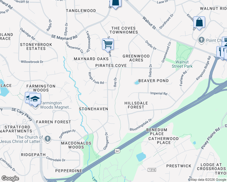 map of restaurants, bars, coffee shops, grocery stores, and more near 101 Barbary Court in Cary