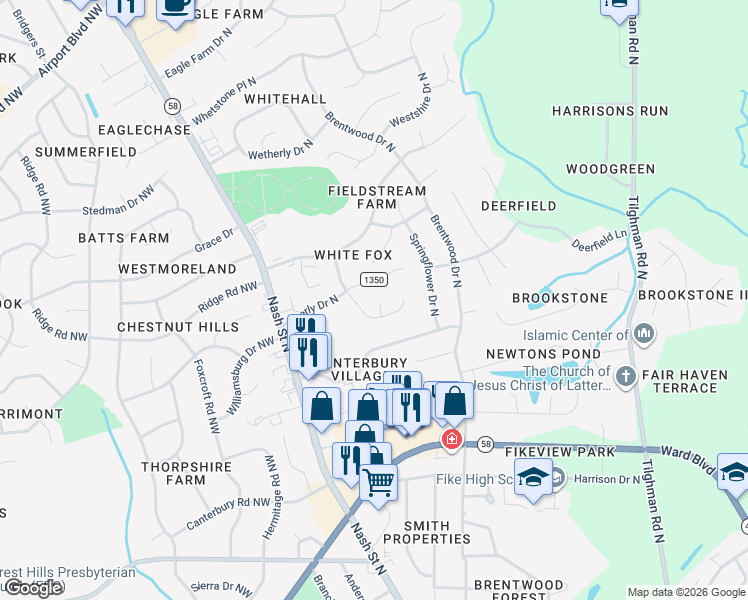 map of restaurants, bars, coffee shops, grocery stores, and more near 2604 Covington Drive in Wilson