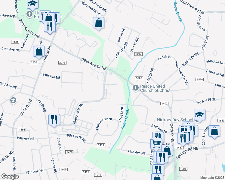 map of restaurants, bars, coffee shops, grocery stores, and more near 1910 20th Avenue Drive Northeast in Hickory