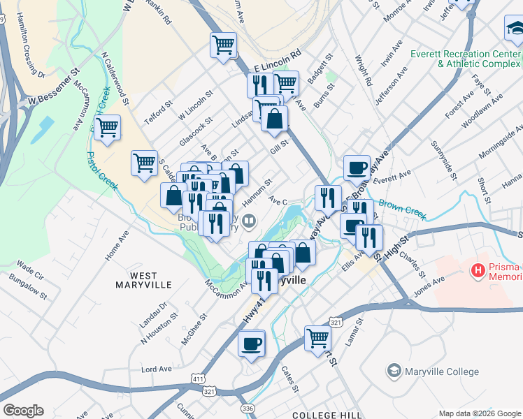 map of restaurants, bars, coffee shops, grocery stores, and more near 453 Greenbelt Drive in Maryville