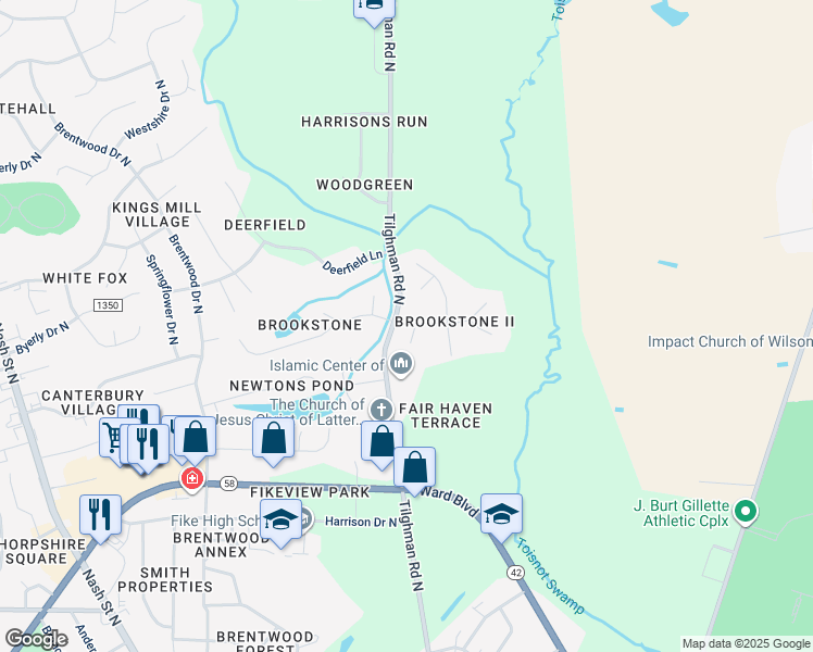 map of restaurants, bars, coffee shops, grocery stores, and more near 2500 Fisher Court in Wilson