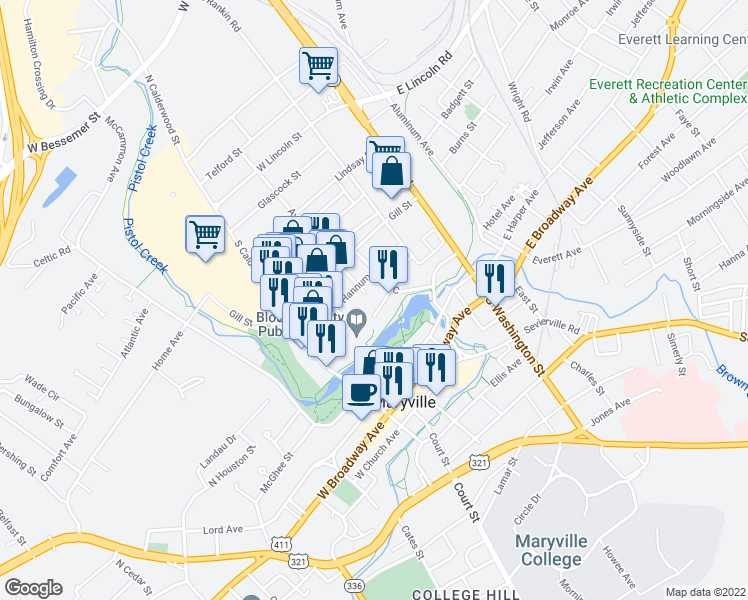 map of restaurants, bars, coffee shops, grocery stores, and more near 453 Greenbelt Drive in Maryville