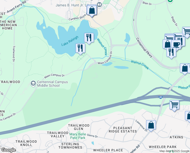 map of restaurants, bars, coffee shops, grocery stores, and more near 1509 Main Campus Drive in Raleigh